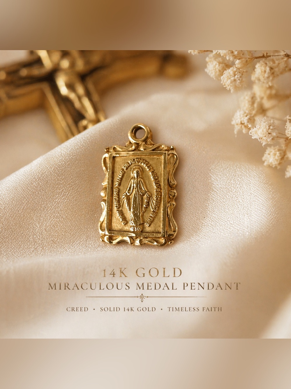 Vintage Solid 14K Gold CREED Miraculous Medal Pendant Scrolled Frame 2.04g
